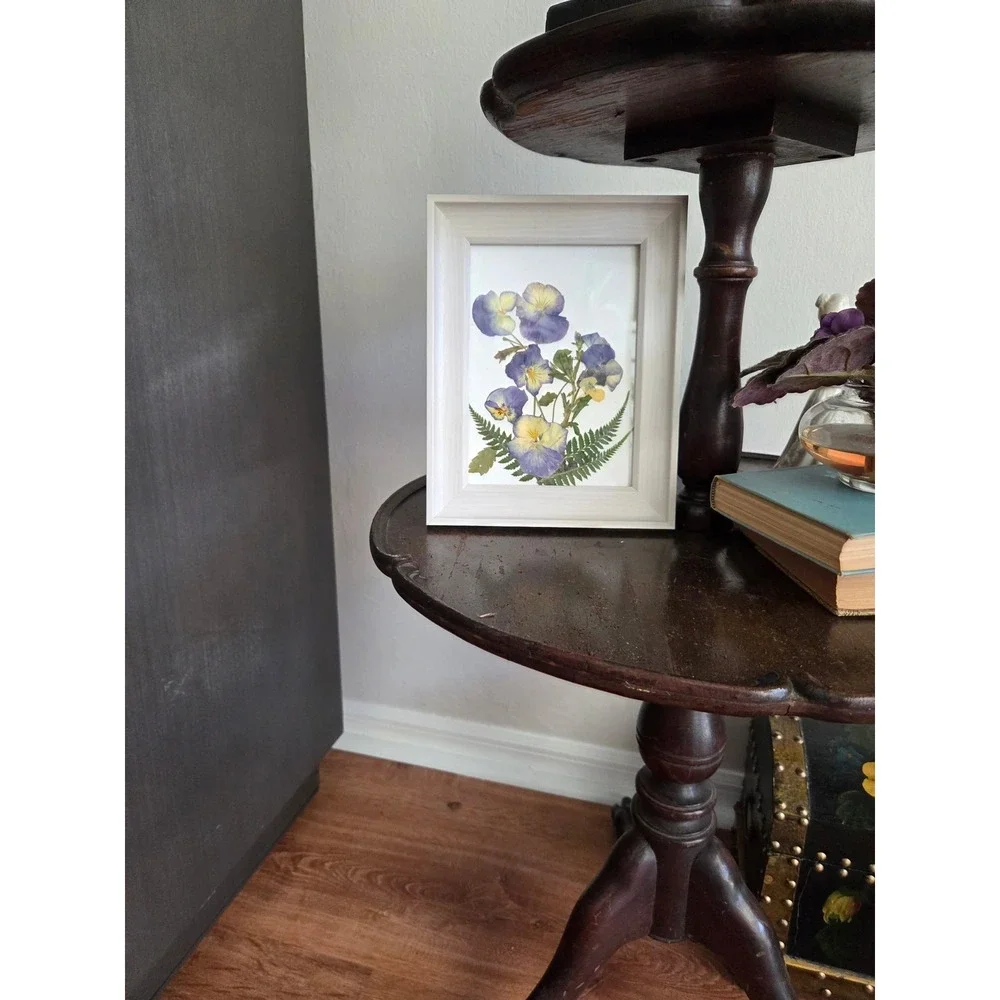 Pressed Blue Pansies and Ferns Botanical Art White Wood Frame 5x7 Wall Decor